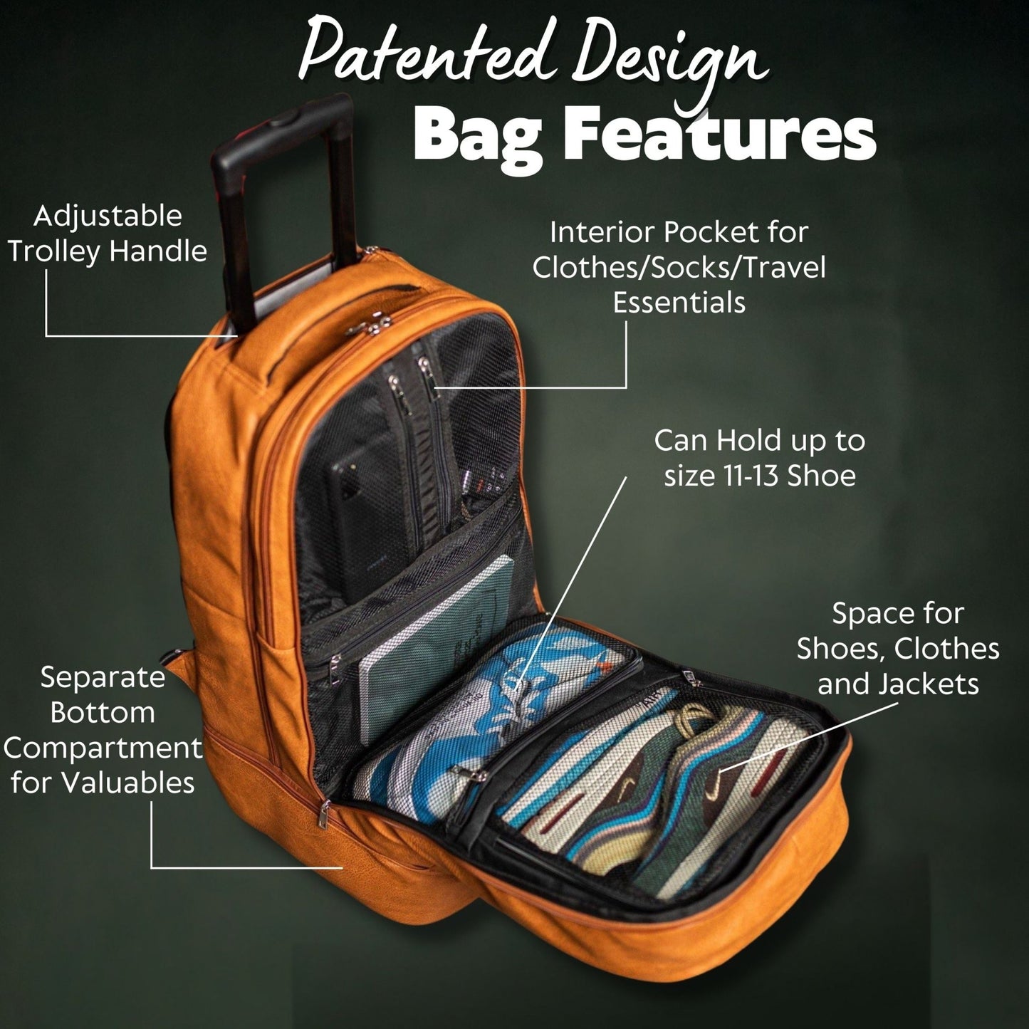 Brown Leather Carry - On Patented Roller Bag - Lucid Soles