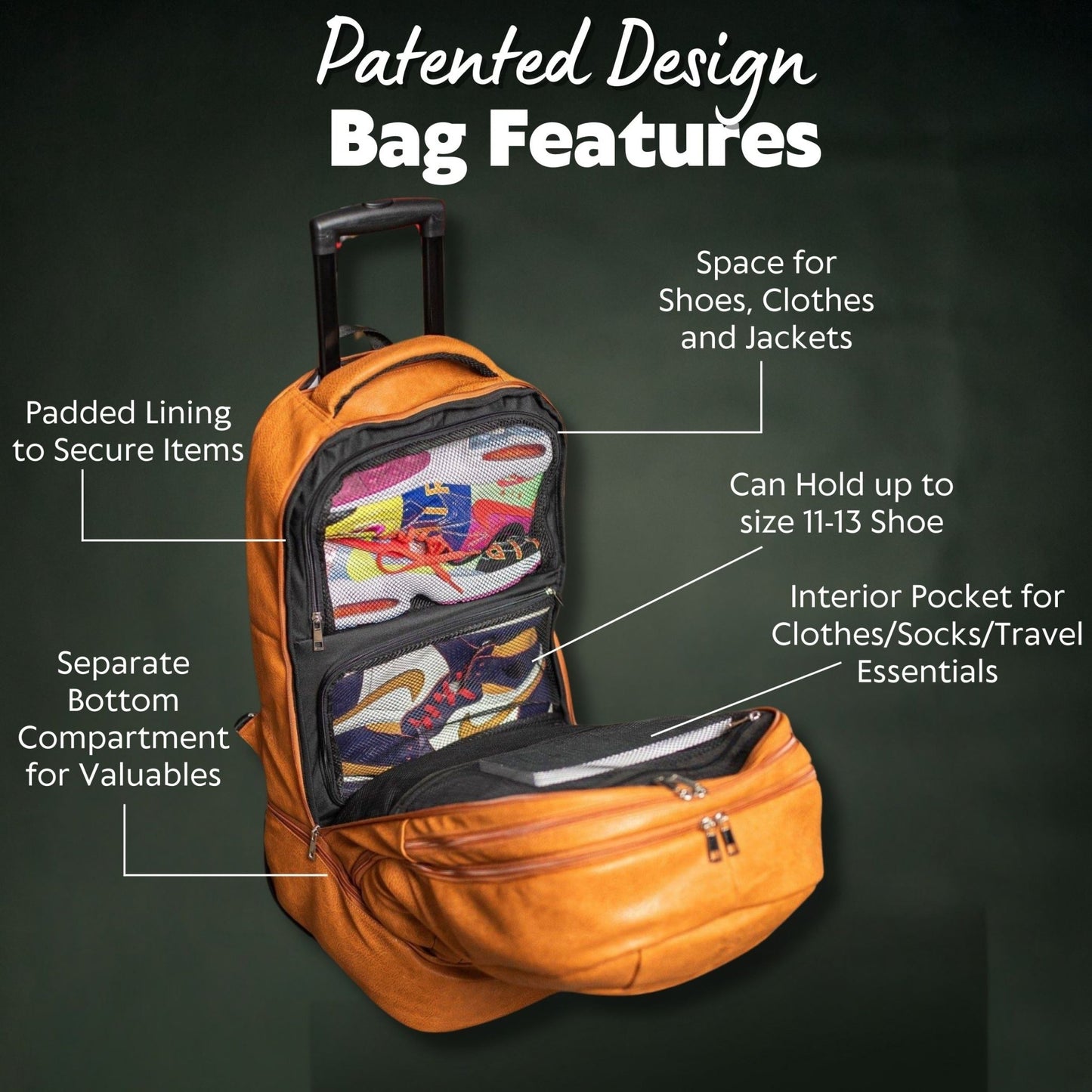 Brown Leather Carry - On Patented Roller Bag - Lucid Soles