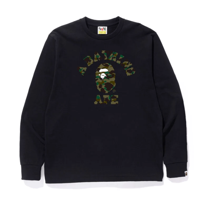 BAPE 1ST CAMO COLLEGE L/S TEE (BLACK/GREEN) - Lucid Soles