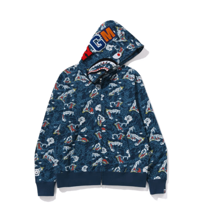 BAPE JAPANESE TATTOO CAMO SHARK FZ HOODIE (Blue) - Lucid Soles