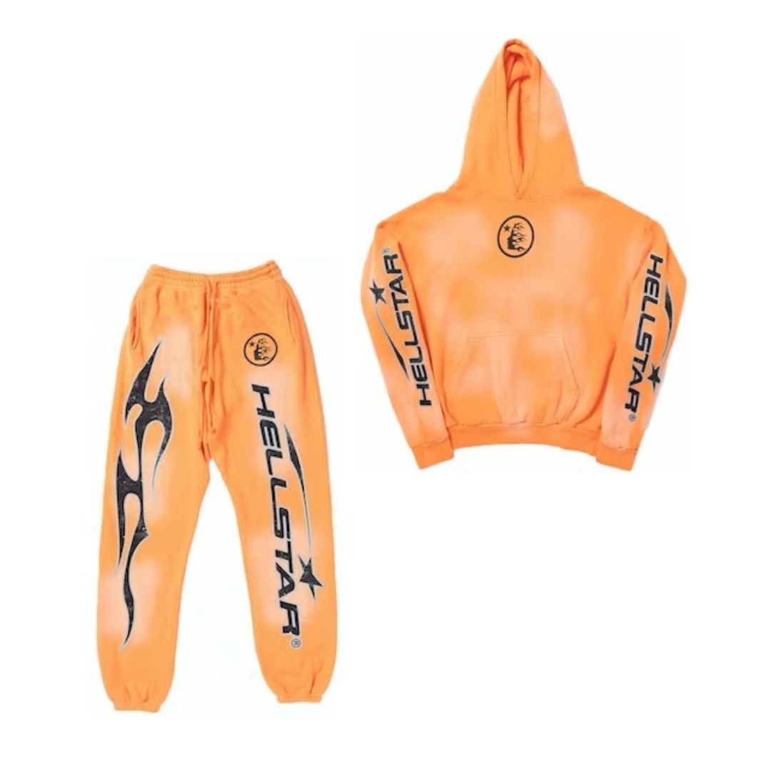 Hellstar Fire Orange Hoodie with Closed Elastic Bottom Sweatpants Orange Dye (Full set) - Lucid Soles