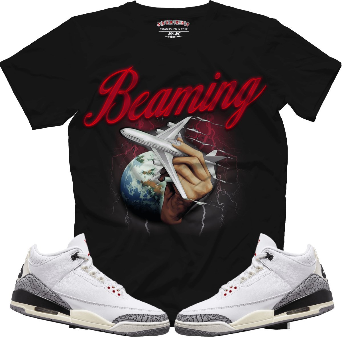Beaming (Retro 3 White Cement) Black T-Shirt - Lucid Soles