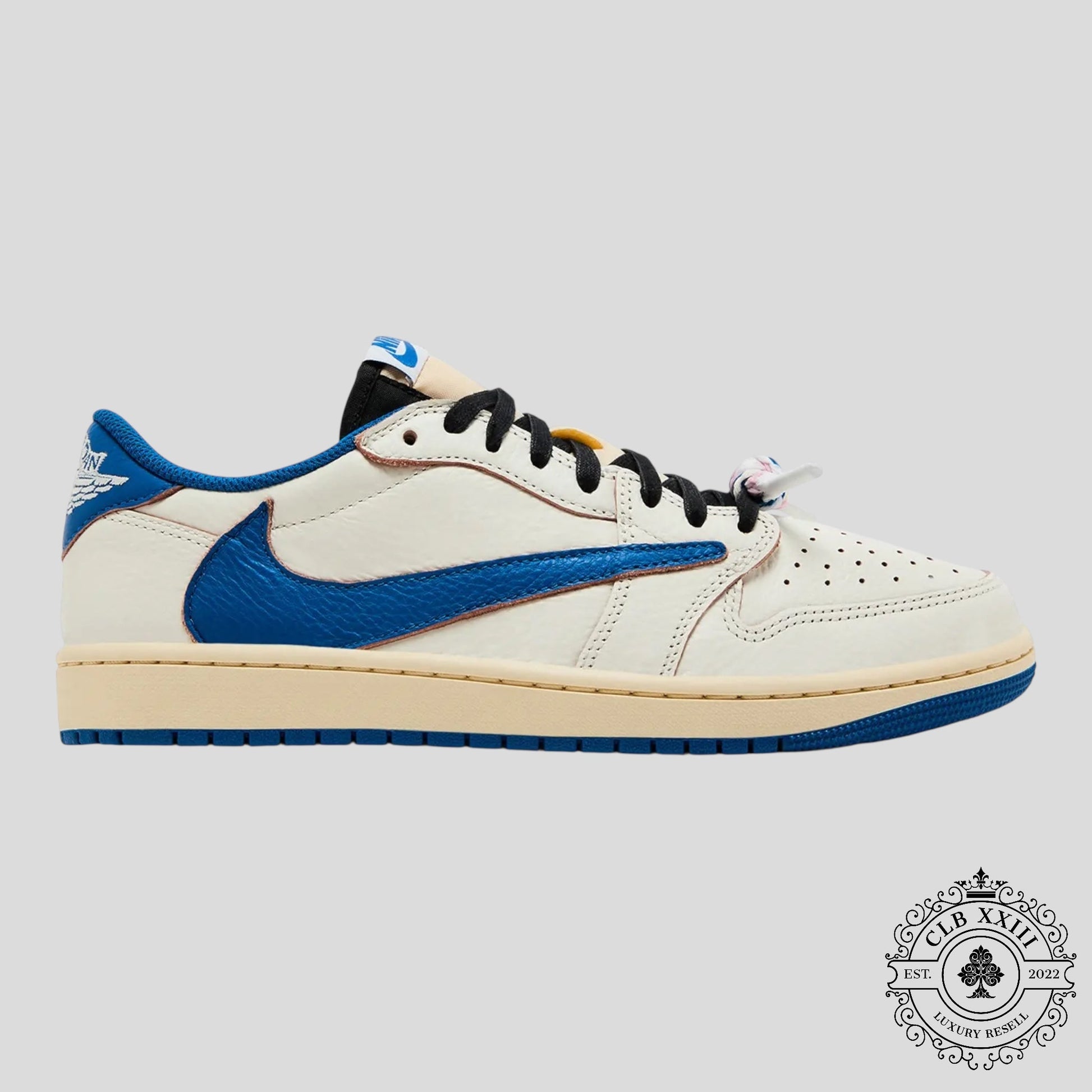 Air Jordan 1 Retro Low OG SP Fragment x Travis Scott Sail Military Blue - Lucid Soles