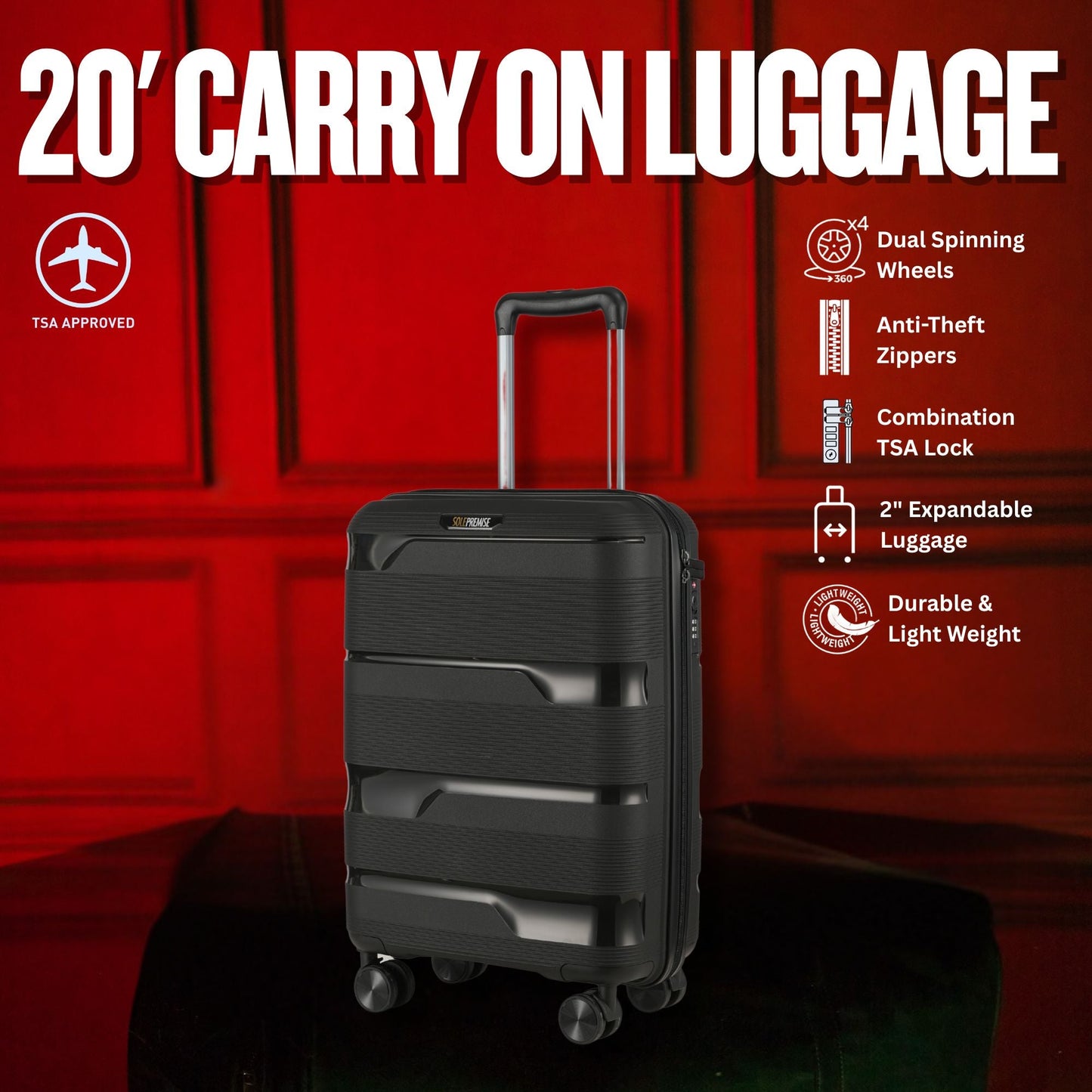 20 - inch Black Carry - On Hardcase Roller Luggage with 360° Wheels - Lucid Soles