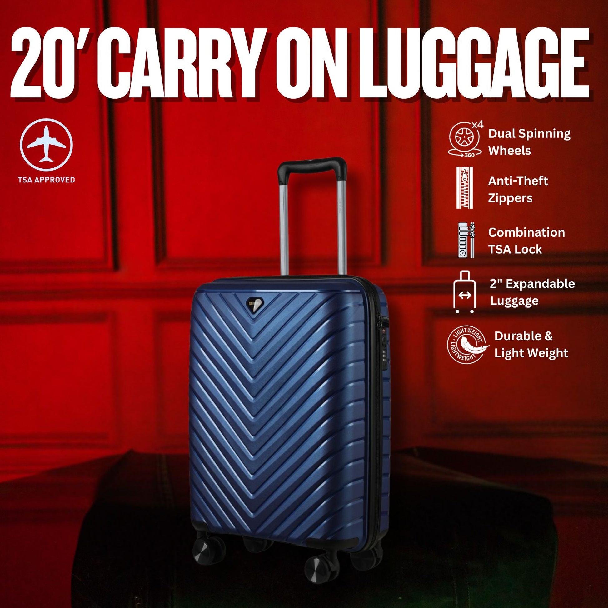 20 - inch Blue Carry - On Hardcase Roller Luggage with 360° Wheels - Lucid Soles