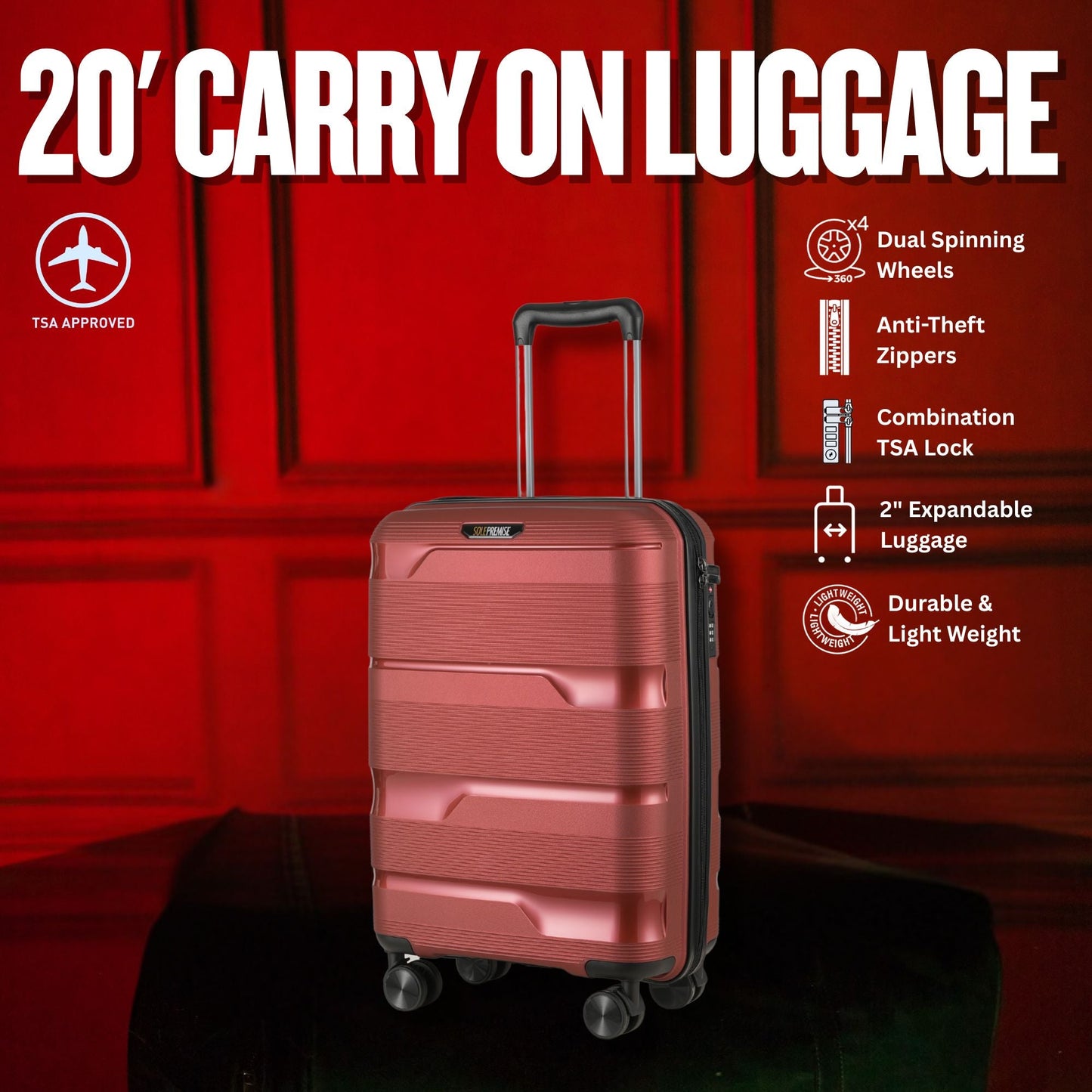 20 - inch Red Carry - On Hardcase Roller Luggage with 360° Wheels - Lucid Soles