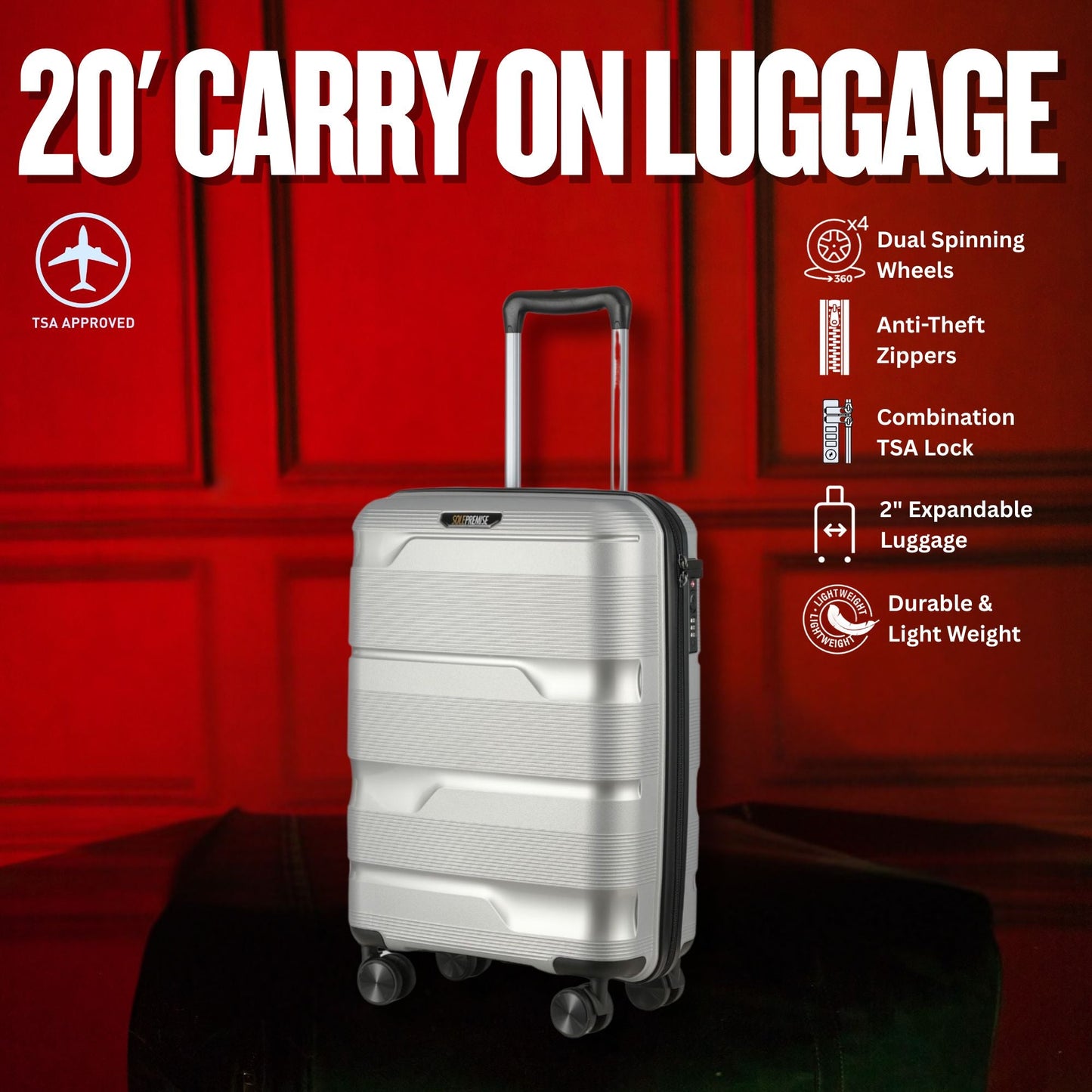 20 - inch Silver Carry - On Hardcase Roller Luggage with 360° Wheels - Lucid Soles