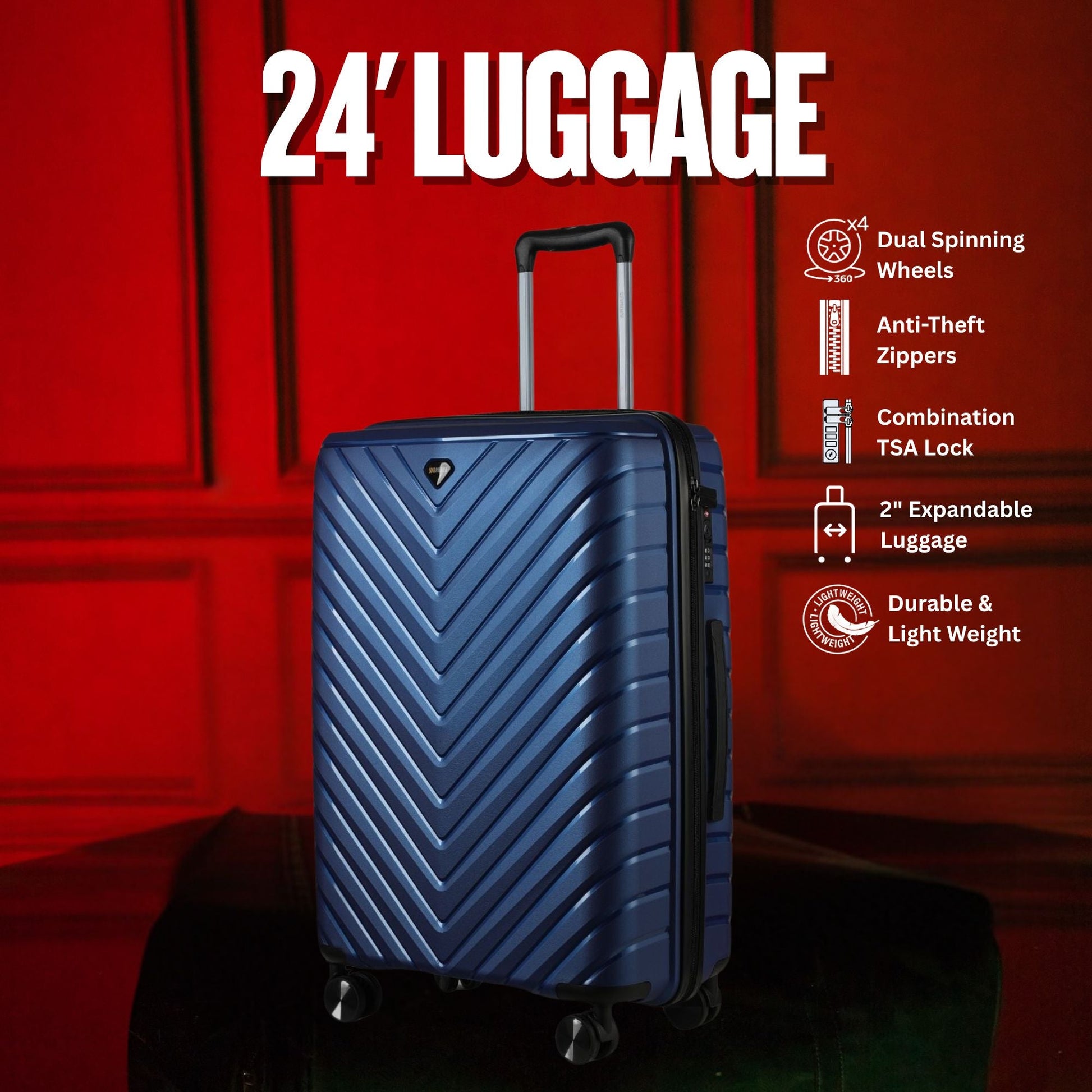 24 - inch Blue Hardcase Roller Luggage with 360° Wheels & TSA Lock - Lucid Soles