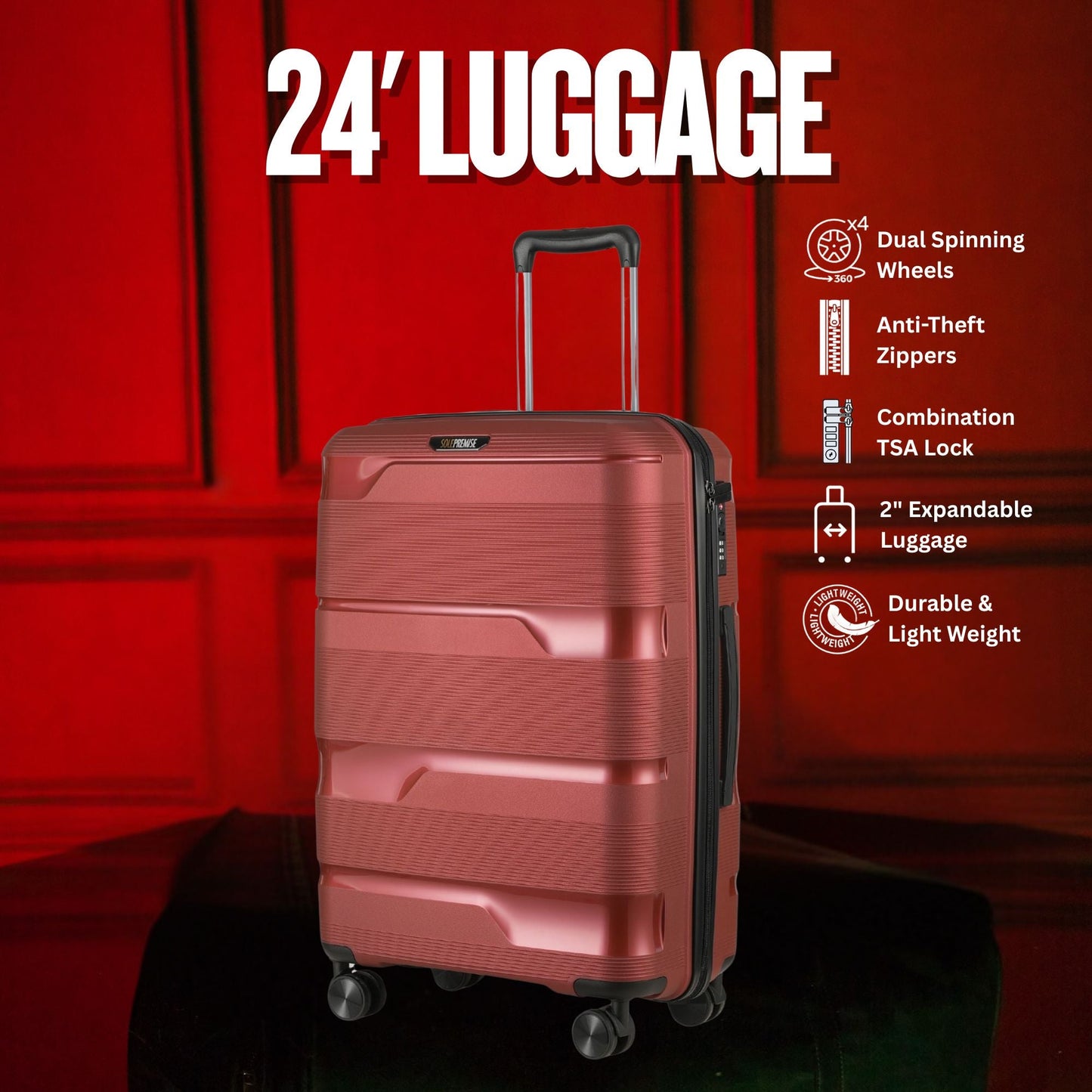 24 - inch Red Hardcase Roller Luggage with 360° Wheels & TSA Lock - Lucid Soles