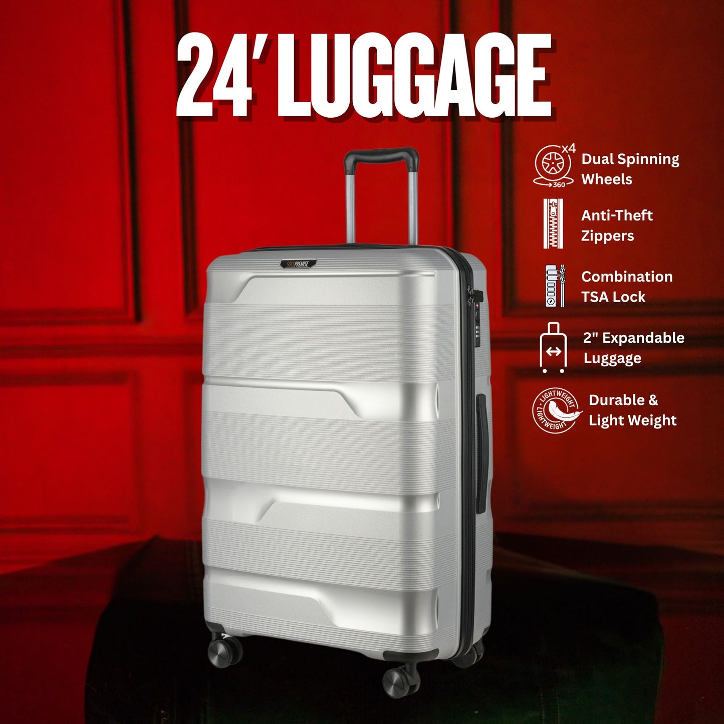 24 - inch Silver Hardcase Roller Luggage with 360° Wheels & TSA Lock - Lucid Soles