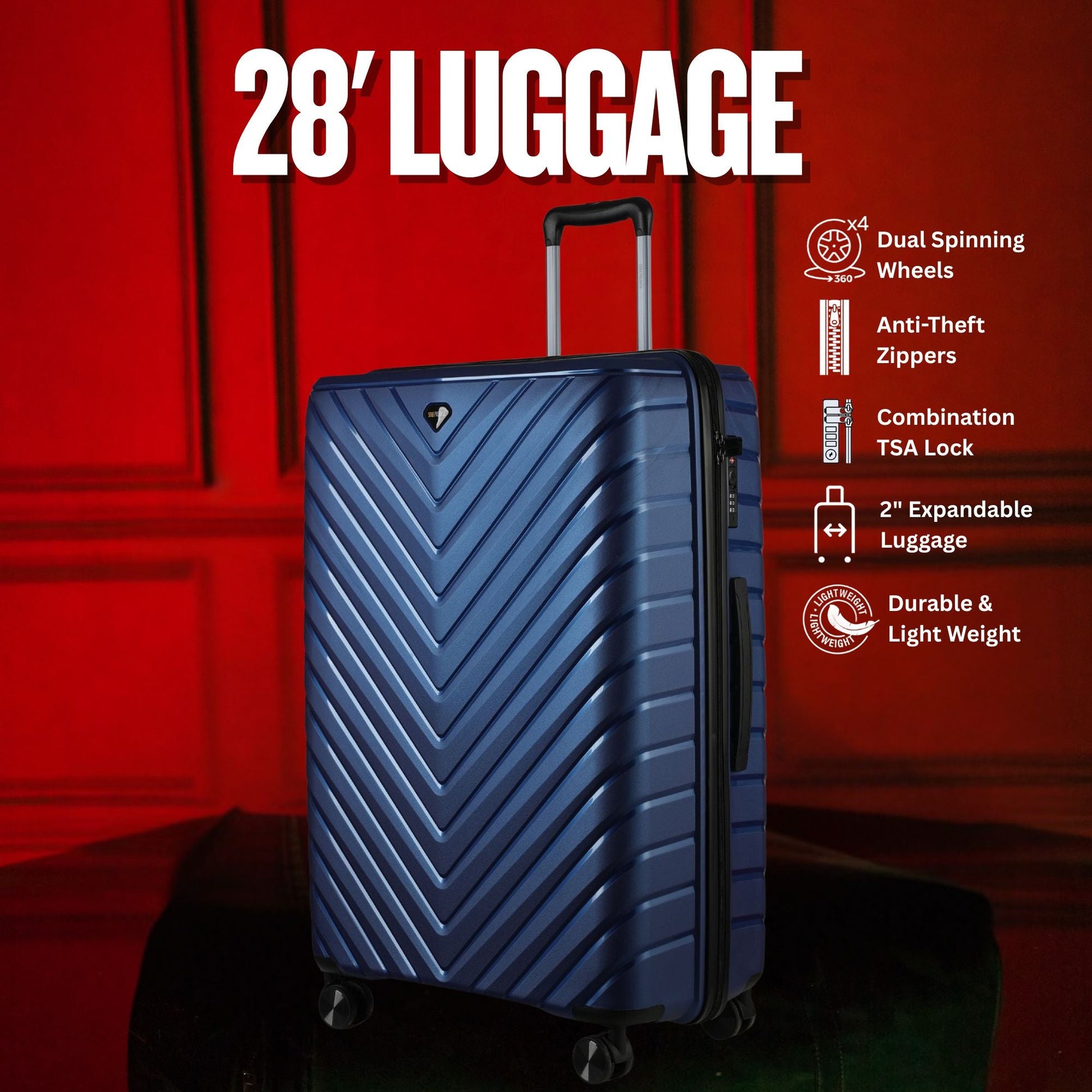 28 - inch Blue Hardcase Roller Luggage with 360° Wheels & TSA Lock - Lucid Soles
