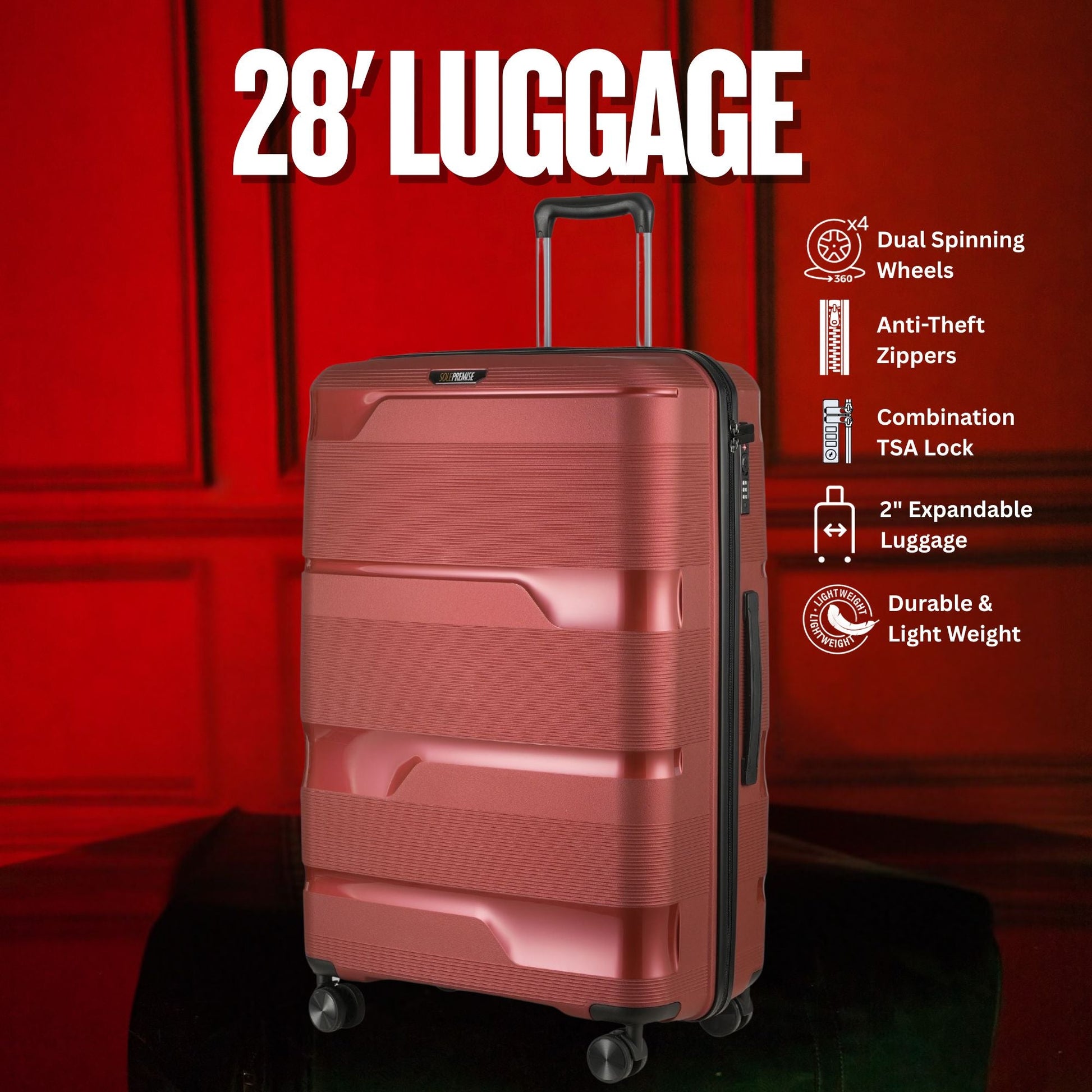 28 - inch Red Hardcase Roller Luggage with 360° Wheels & TSA Lock - Lucid Soles