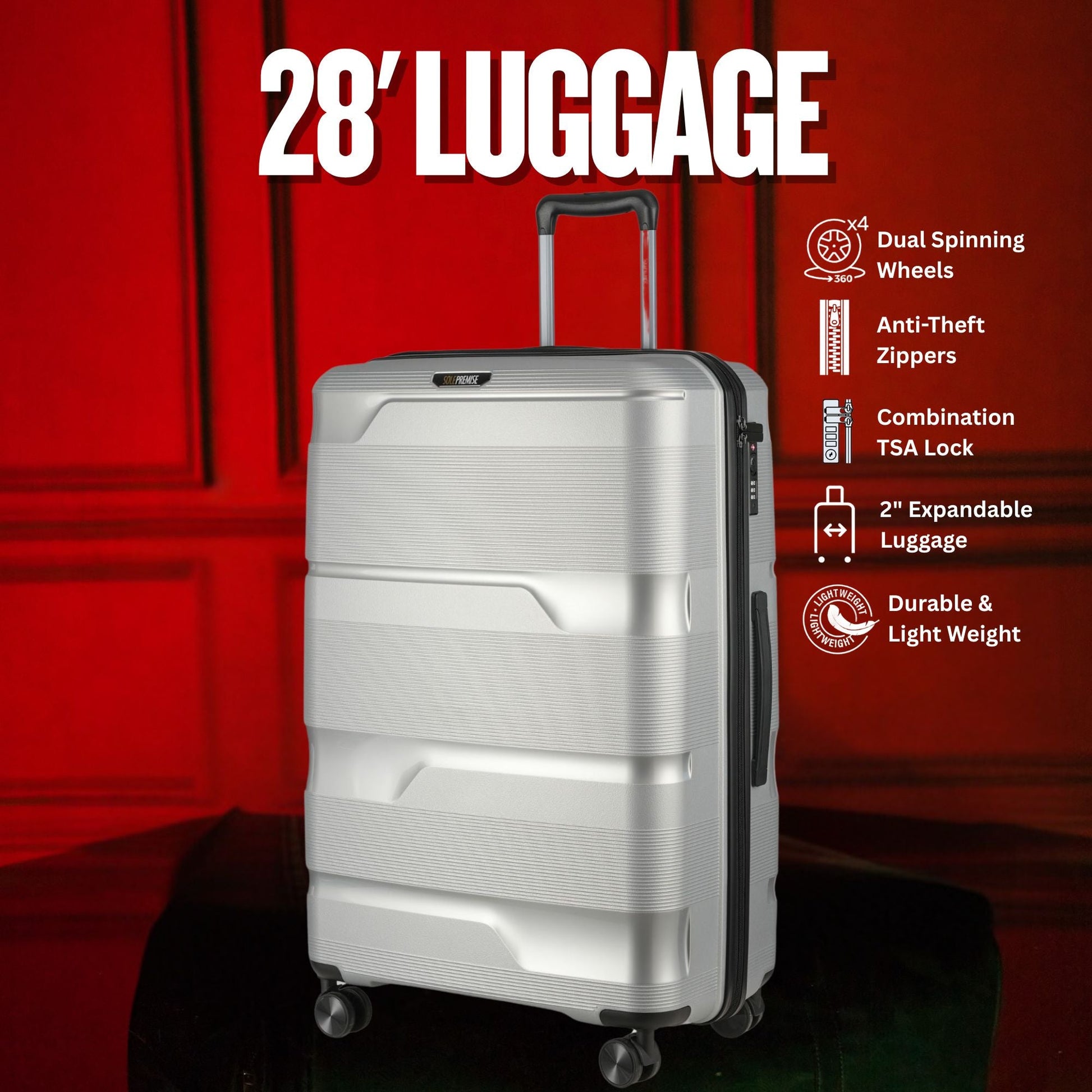 28 - inch Silver Hardcase Roller Luggage with 360° Wheels & TSA Lock - Lucid Soles