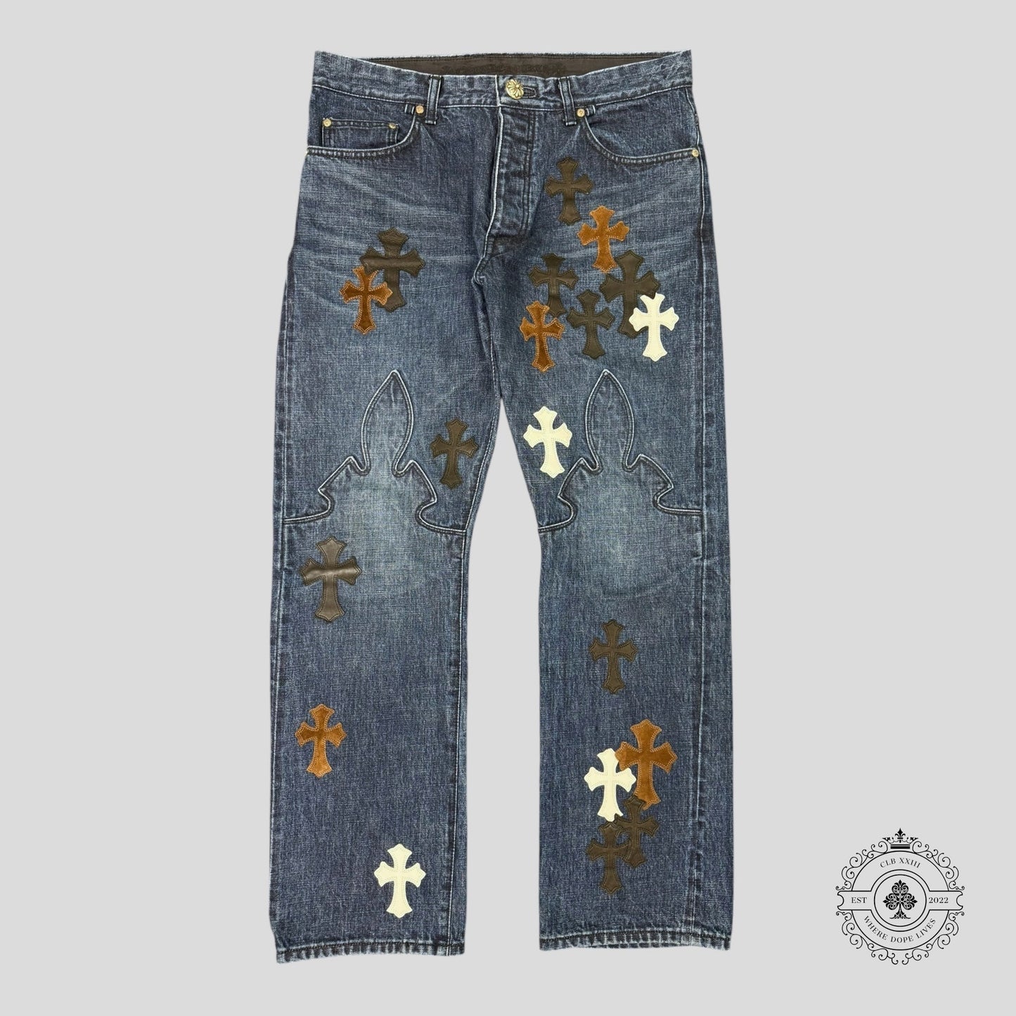 Chrome Hearts Fleur Knee Cross Patch Jeans - Lucid Soles