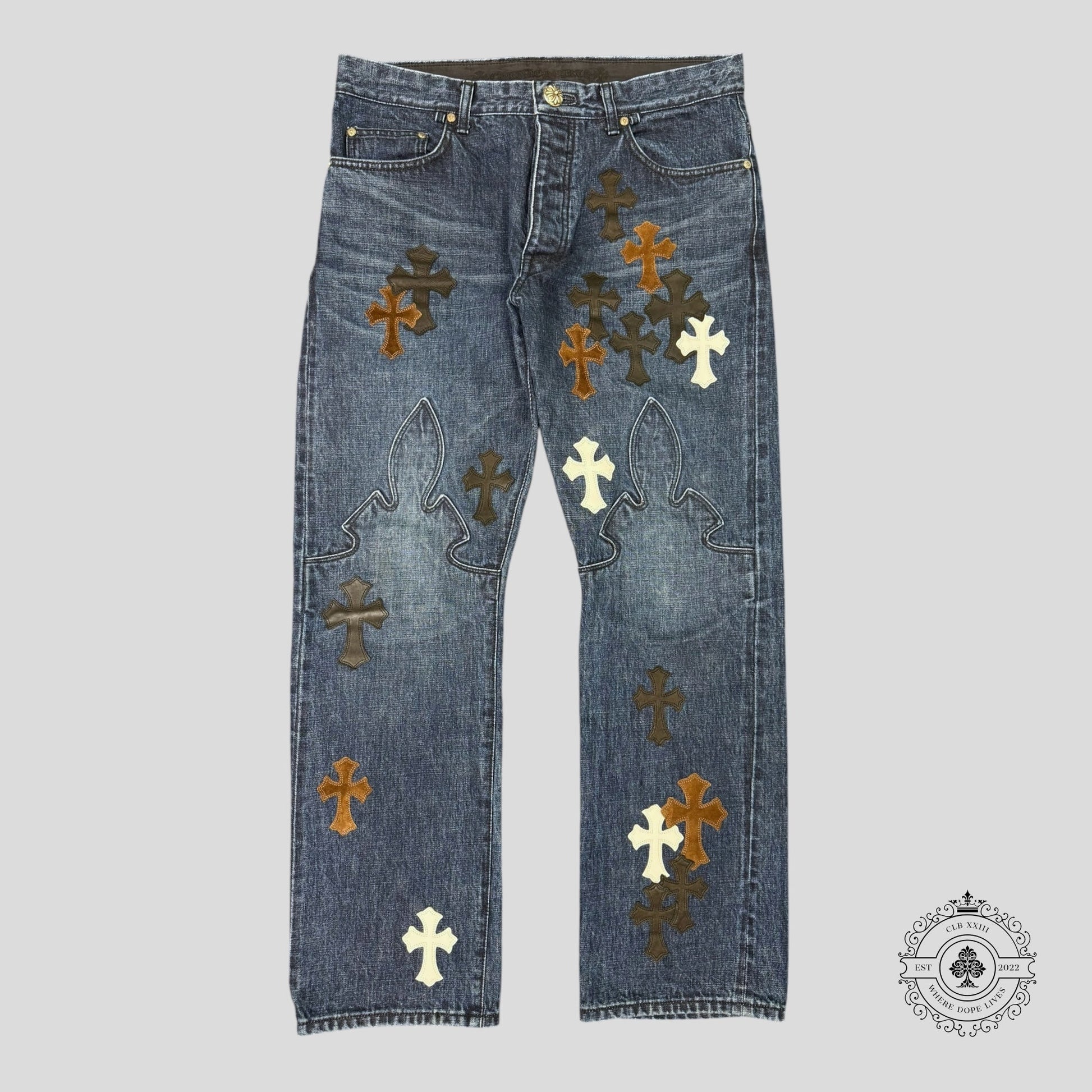 Chrome Hearts Fleur Knee Cross Patch Jeans - Lucid Soles