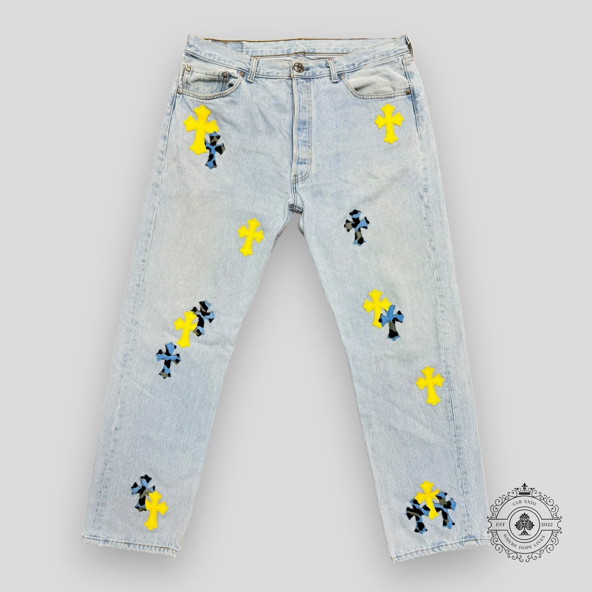 Chrome Hearts Yellow / Blue Cross Patch Jeans - Lucid Soles