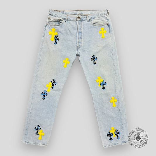 Chrome Hearts Yellow / Blue Cross Patch Jeans - Lucid Soles
