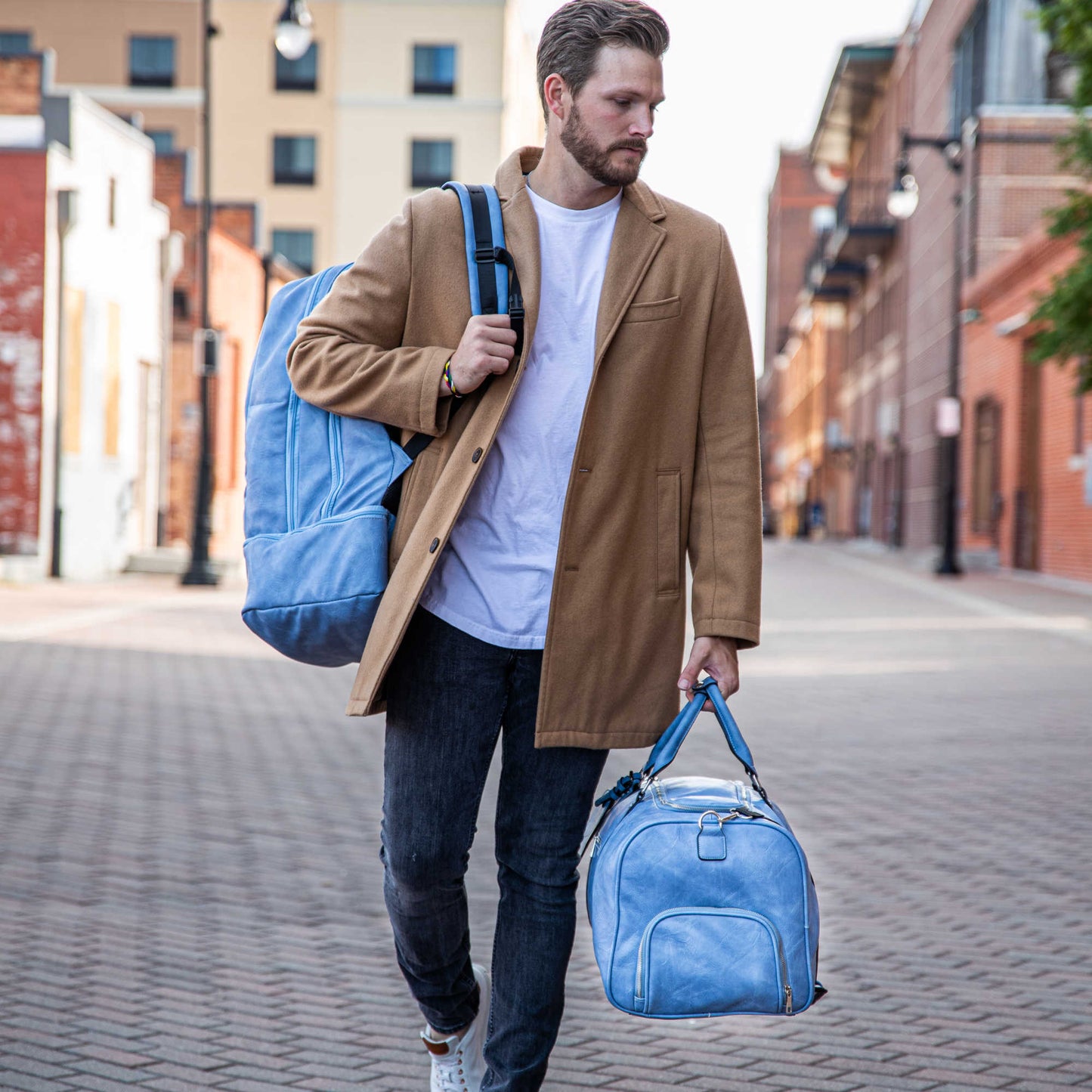 Baby Blue Leather Luxury Carry - On Patented Backpack - Lucid Soles