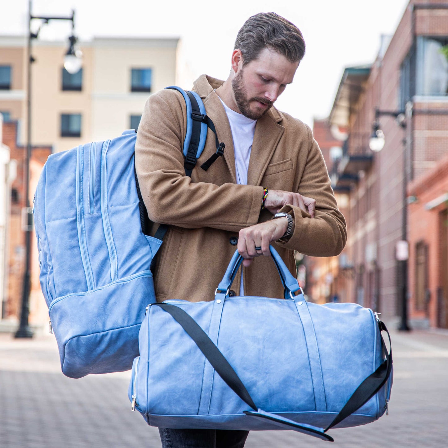 Baby Blue Leather Luxury Carry - On Patented Backpack - Lucid Soles