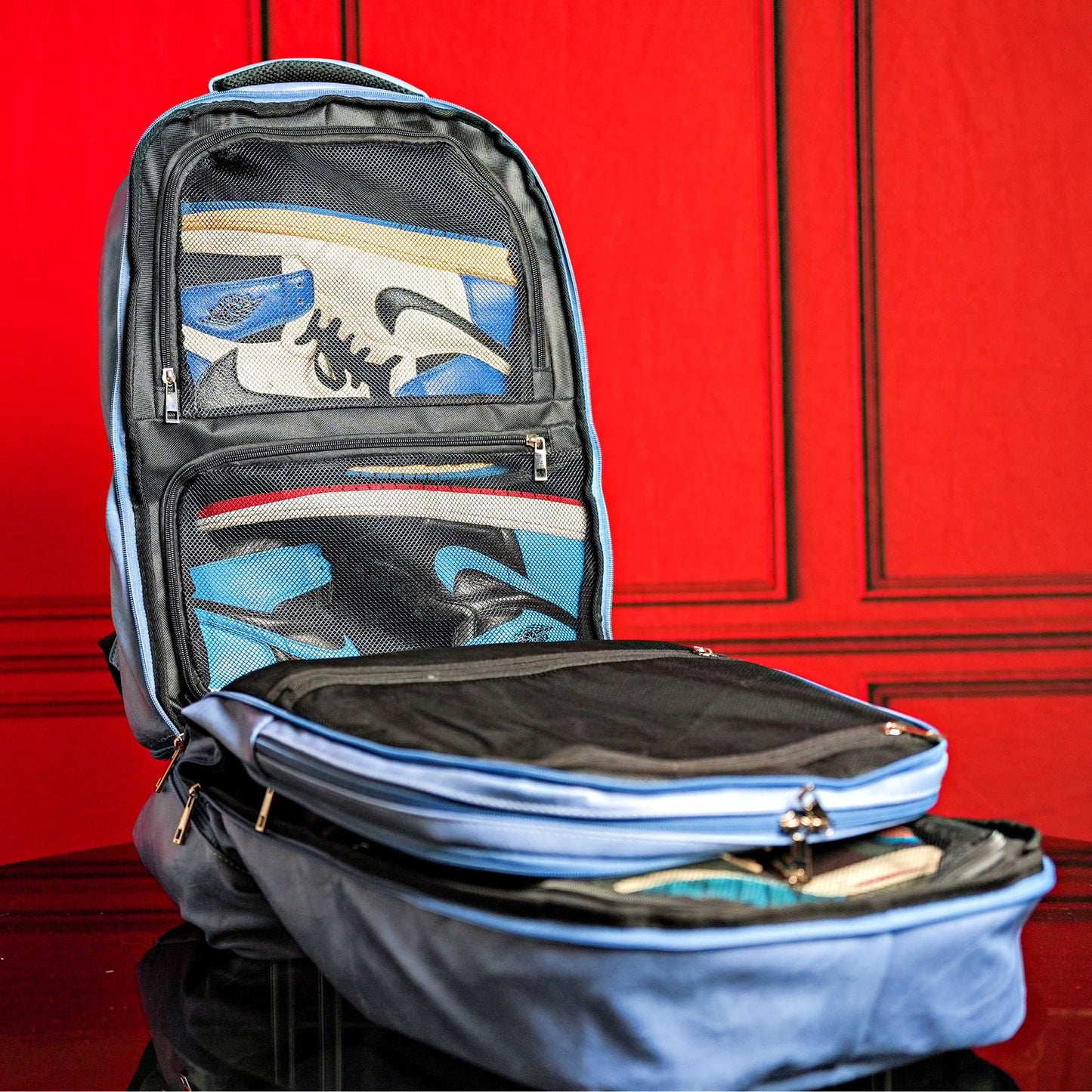 Baby Blue Leather Luxury Carry - On Patented Backpack - Lucid Soles