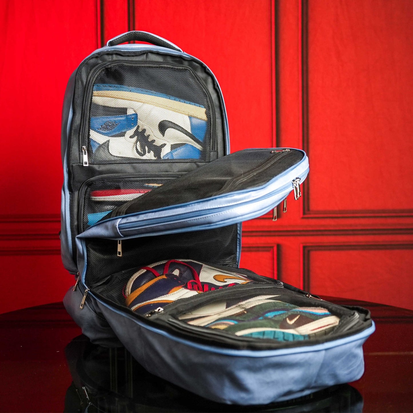 Baby Blue Leather Luxury Carry - On Patented Backpack - Lucid Soles