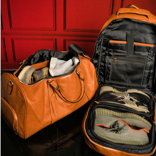 Brown Tumbled Leather 2 Bag Set (Commuter Backpack and Duffle Bag) - Lucid Soles