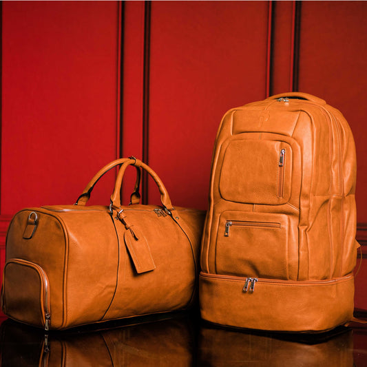 Brown Tumbled Leather Signature Bag Set (Signature Backpack and Duffle Bag) - Lucid Soles