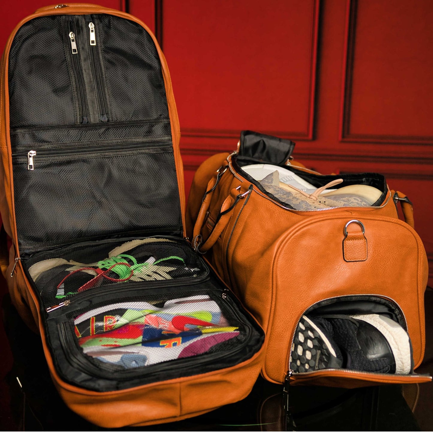 Brown Tumbled Leather Signature Bag Set (Signature Backpack and Duffle Bag) - Lucid Soles