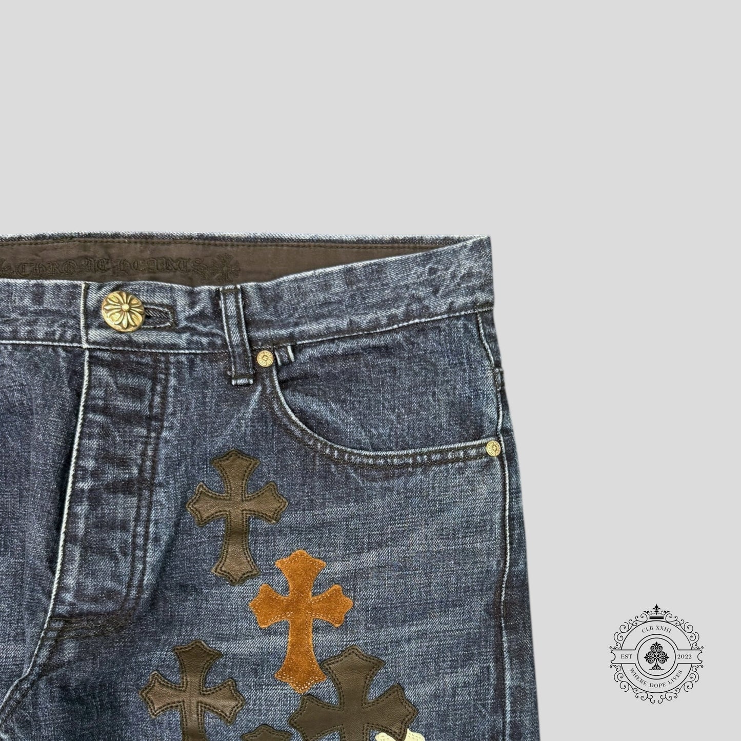 Chrome Hearts Fleur Knee Cross Patch Jeans - Lucid Soles