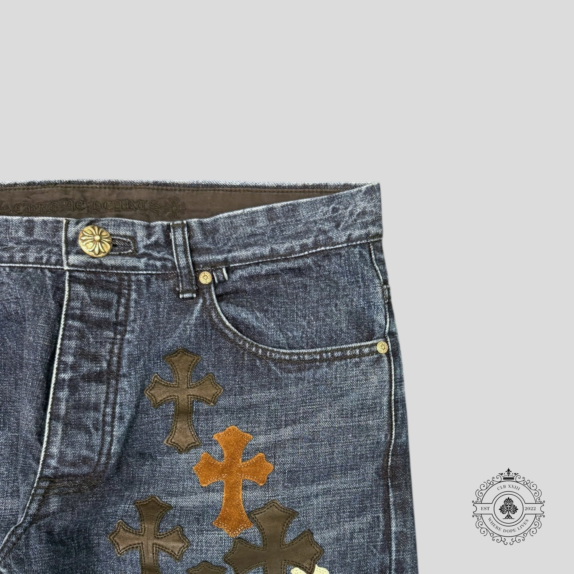 Chrome Hearts Fleur Knee Cross Patch Jeans - Lucid Soles