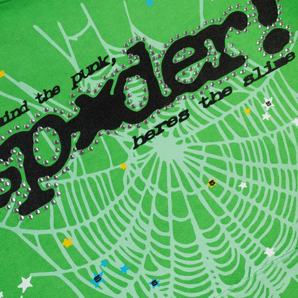 Sp5der Punk V2 Rhinestone Hoodie Bright Green - Lucid Soles