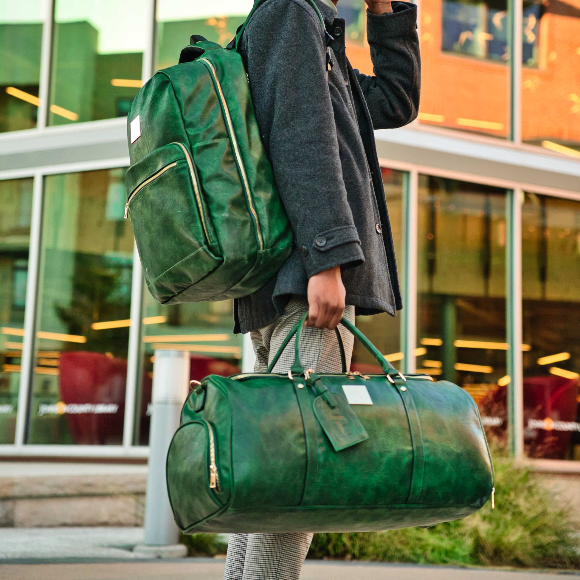 Emerald Green Leather 2 Bag Set (Commuter Backpack and Duffle) - Lucid Soles