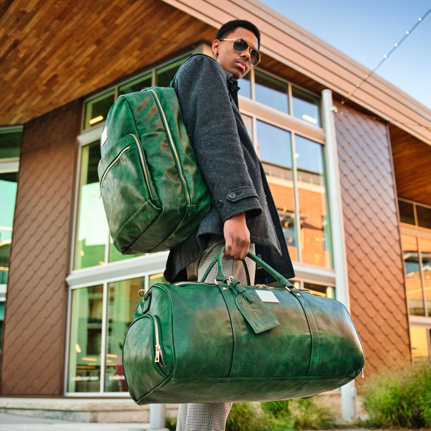 Emerald Green Leather 2 Bag Set (Commuter Backpack and Duffle) - Lucid Soles