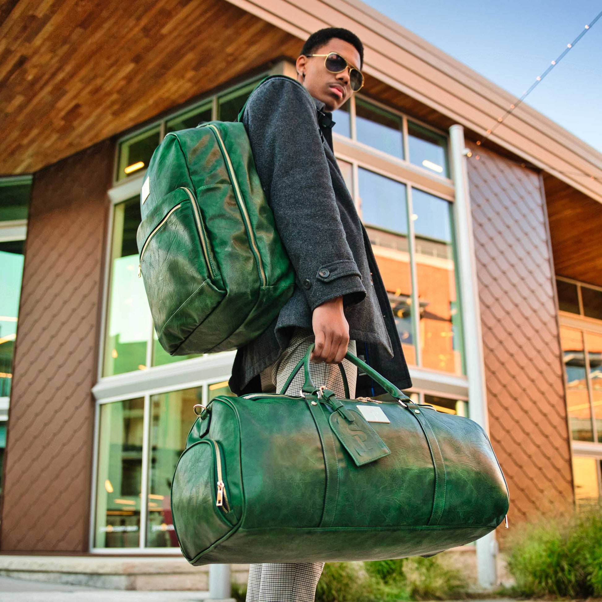 Emerald Green Leather 2 Bag Set (Commuter Backpack and Duffle) - Lucid Soles