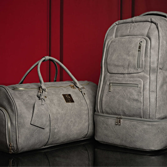 Grey Tumbled Leather Signature Bag Set (Signature Backpack and Duffle Bag) - Lucid Soles