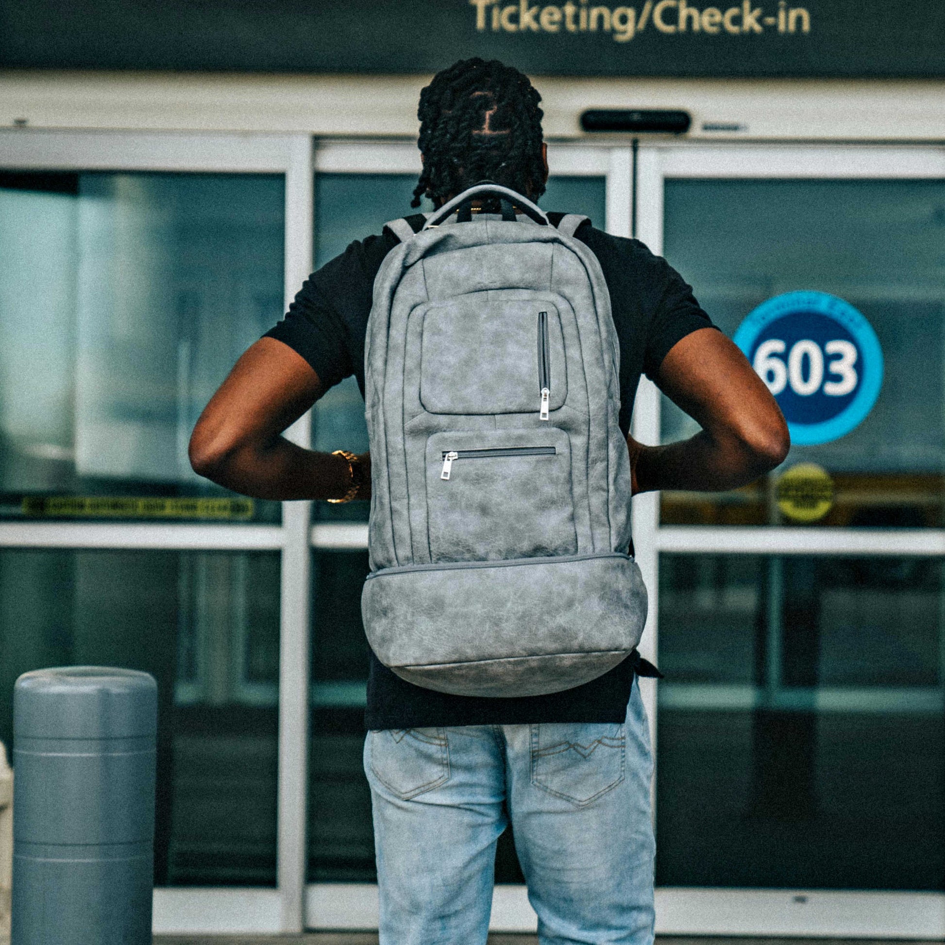 Grey Leather Carry - On Patented Backpack - Lucid Soles