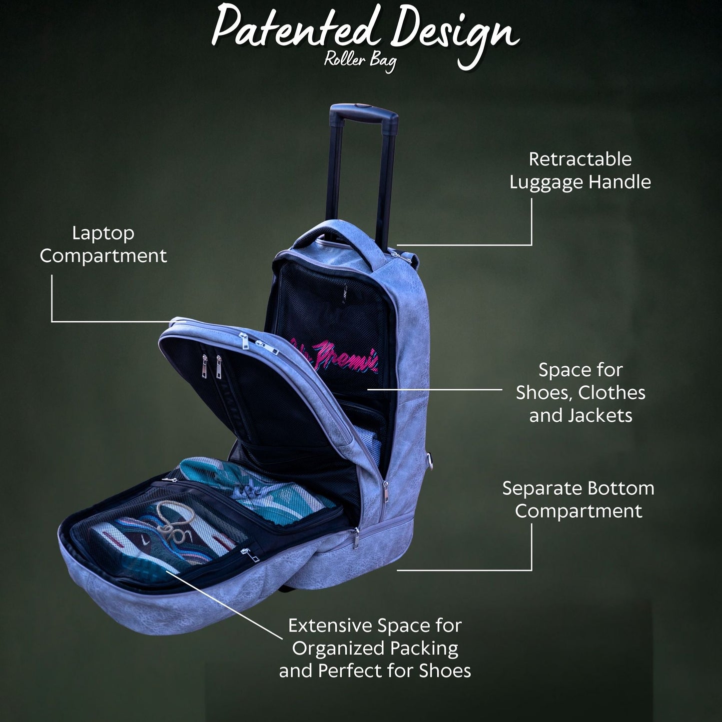 Grey Leather Carry - On Patented Roller Bag - Lucid Soles