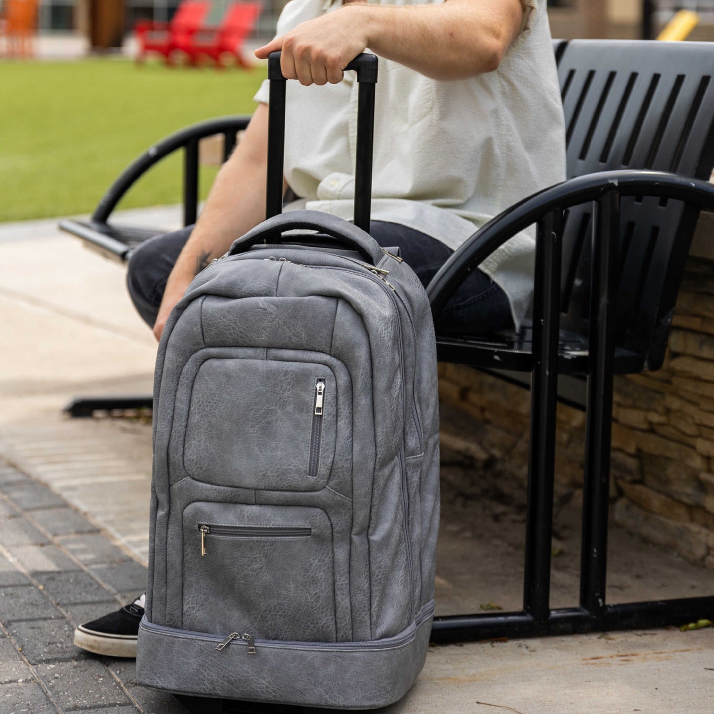 Grey Leather Carry - On Patented Roller Bag - Lucid Soles