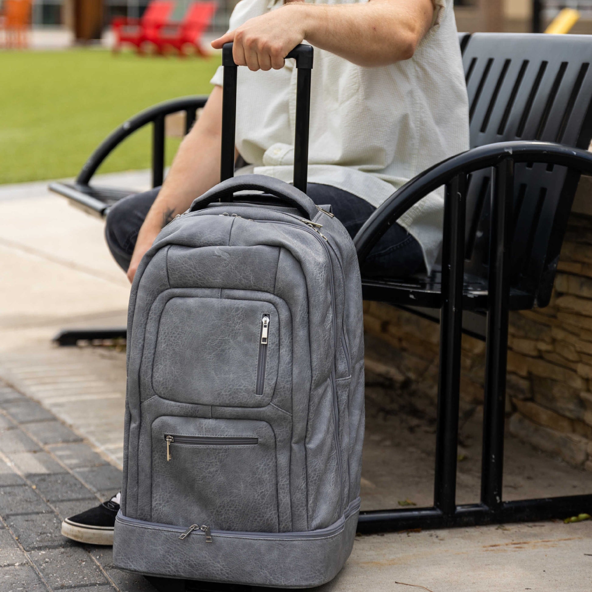 Grey Leather Carry - On Patented Roller Bag - Lucid Soles