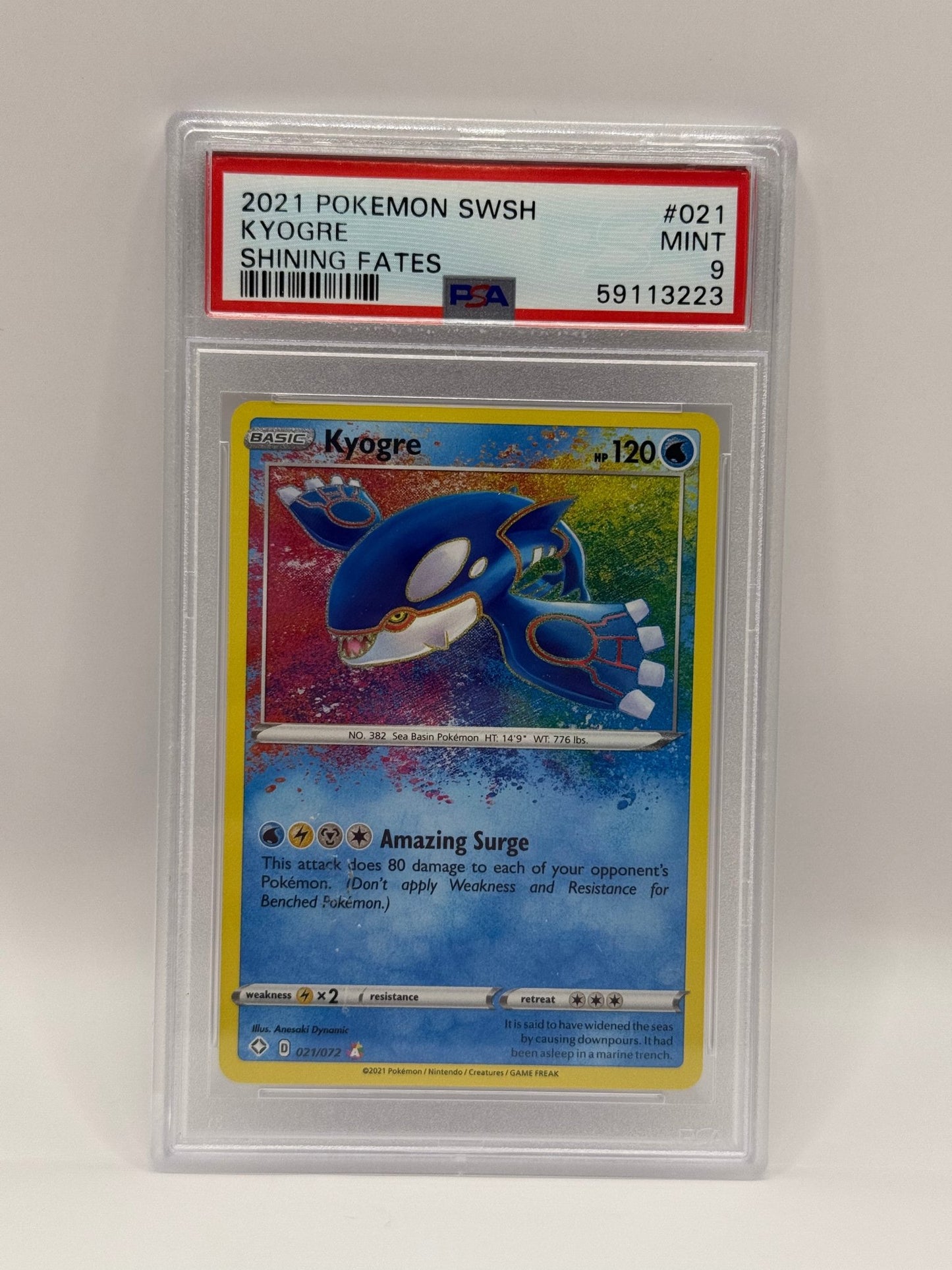 2021 Pokémon Shining Fates Kyogre Amazing Rare 021/072 PSA 9 MINT (SWSH) - Lucid Soles