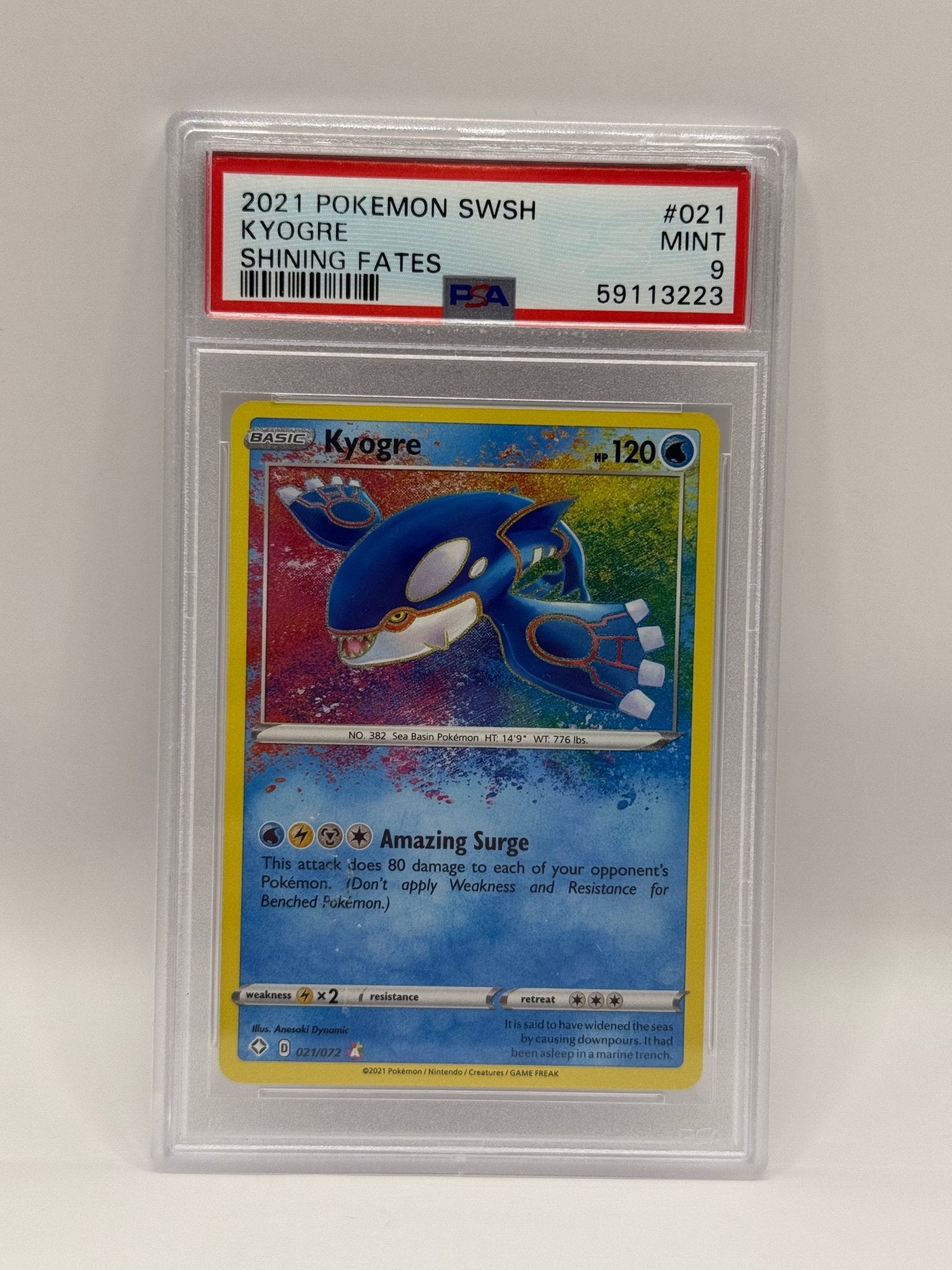 2021 Pokémon Shining Fates Kyogre Amazing Rare 021/072 PSA 9 MINT (SWSH) - Lucid Soles