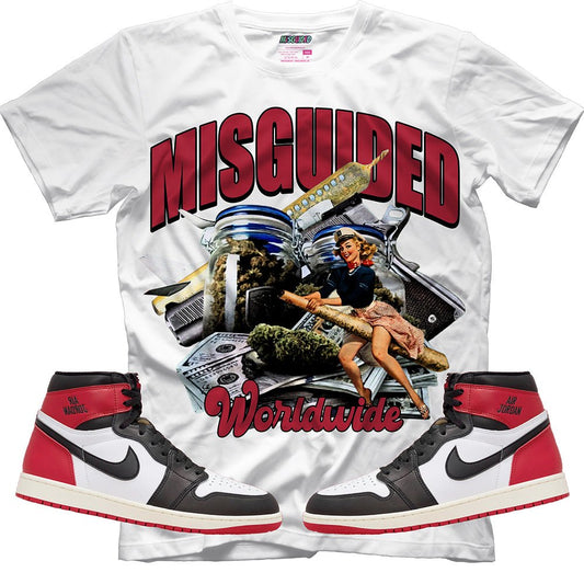 Misguided WRLDWIDE (Air Jordan 1 High OG Black Toe Reimagined) T-Shirt - Lucid Soles