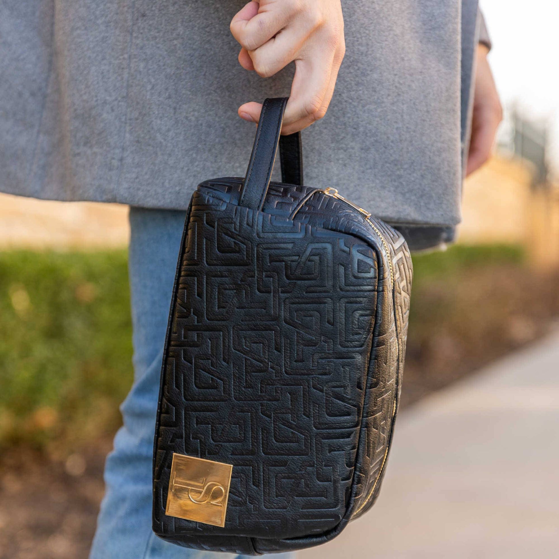 Black Monogram Leather Toiletry Bag - Lucid Soles