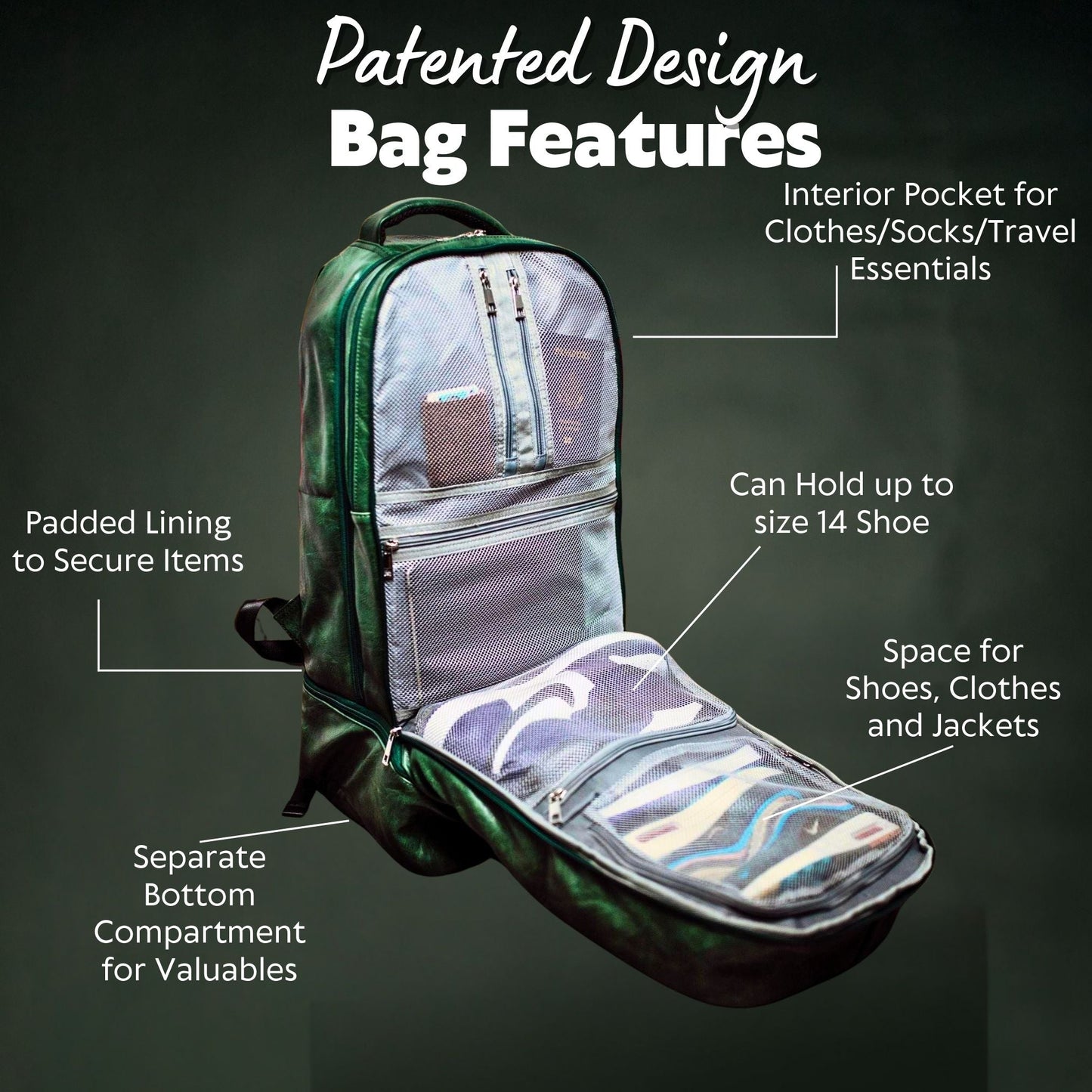Emerald Green Leather Carry - On Patented Backpack - Lucid Soles