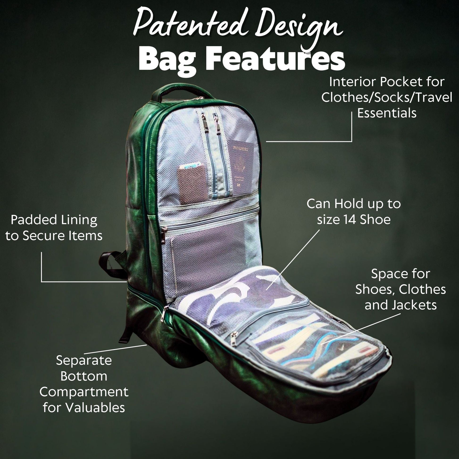 Emerald Green Leather Carry - On Patented Backpack - Lucid Soles