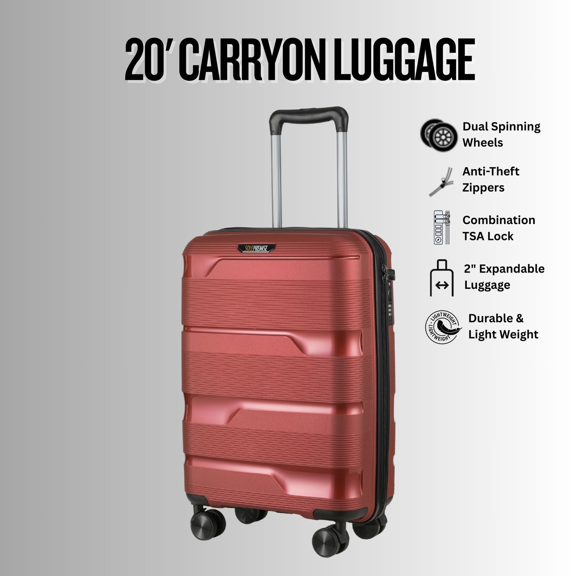 20 - inch Red Carry - On Hardcase Roller Luggage with 360° Wheels - Lucid Soles