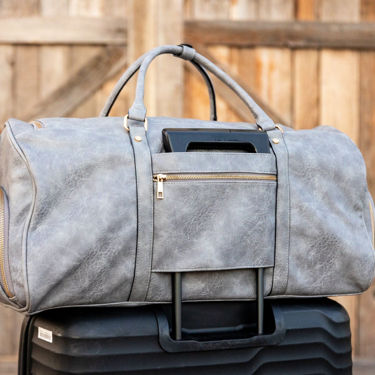 Grey Tumbled Leather Weekender Duffle Bag - Lucid Soles