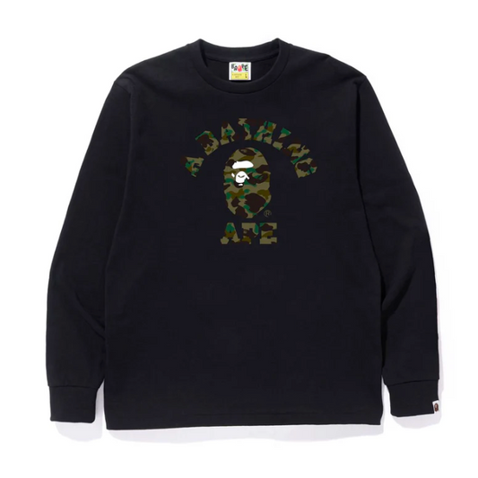 BAPE 1ST CAMO COLLEGE L/S TEE (BLACK/GREEN)