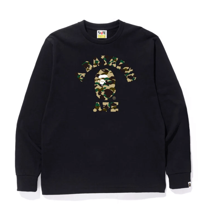 BAPE 1ST CAMO COLLEGE L/S TEE (BLACK/YELLOW) - Lucid Soles