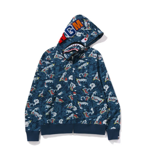 BAPE JAPANESE TATTOO CAMO SHARK FZ HOODIE (Blue)